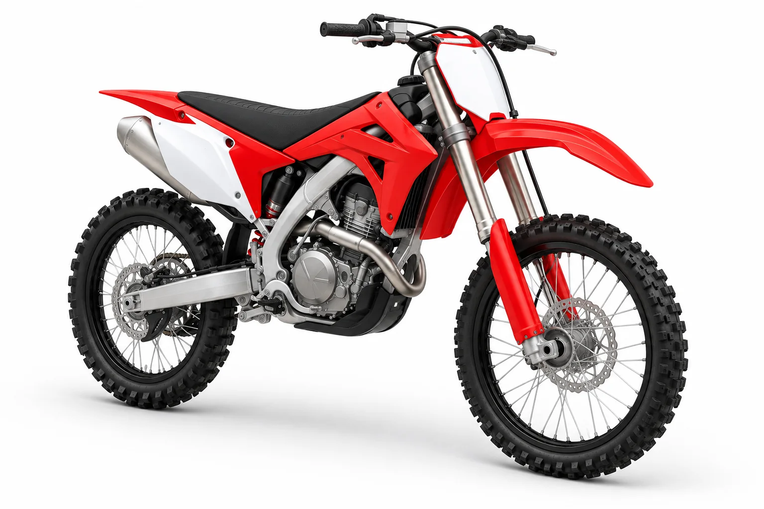 Original red and white dirt bike artwork. Illustrative bike; not exact model.