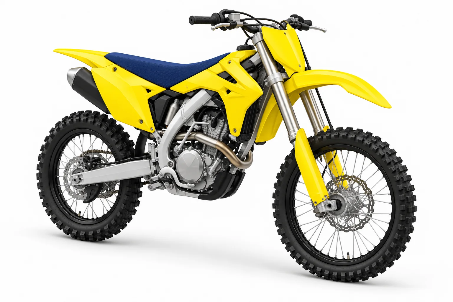 Original yellow dirt bike artwork. Illustrative bike; not exact model.