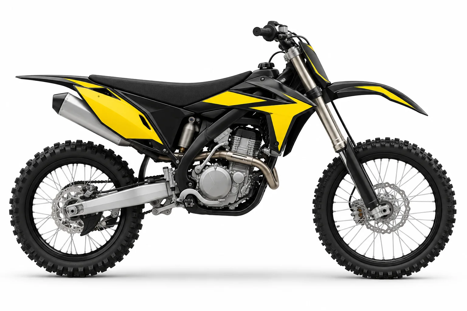 Original black and yellow dirt bike artwork. Illustrative bike; not exact model.