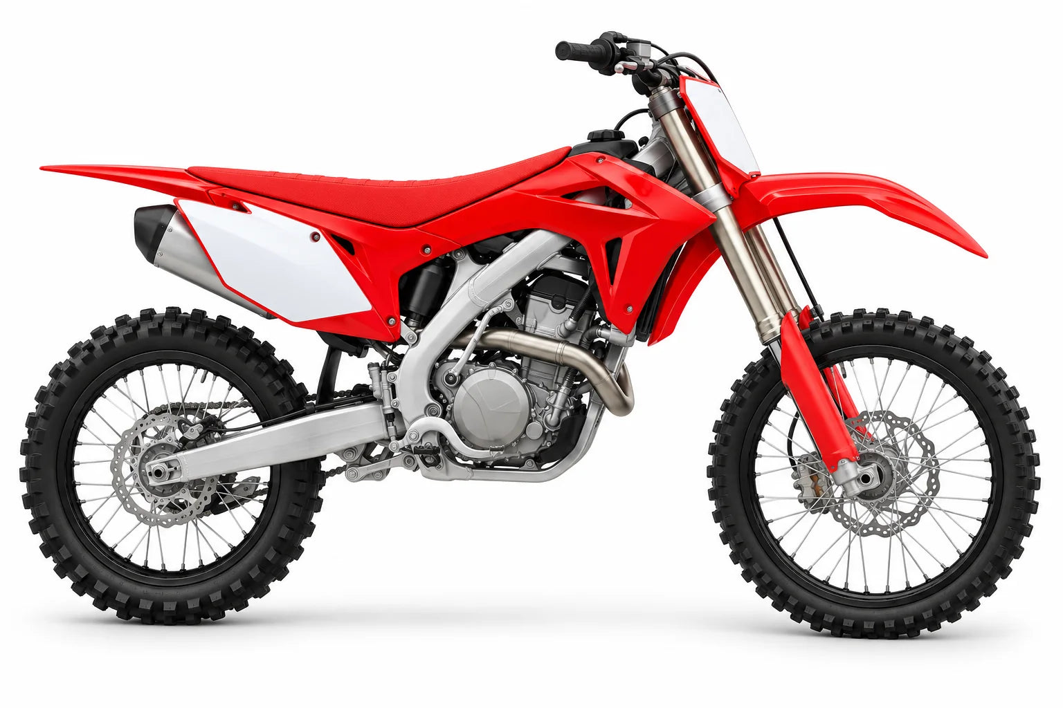 Original red dirt bike artwork. Illustrative bike; not exact model.