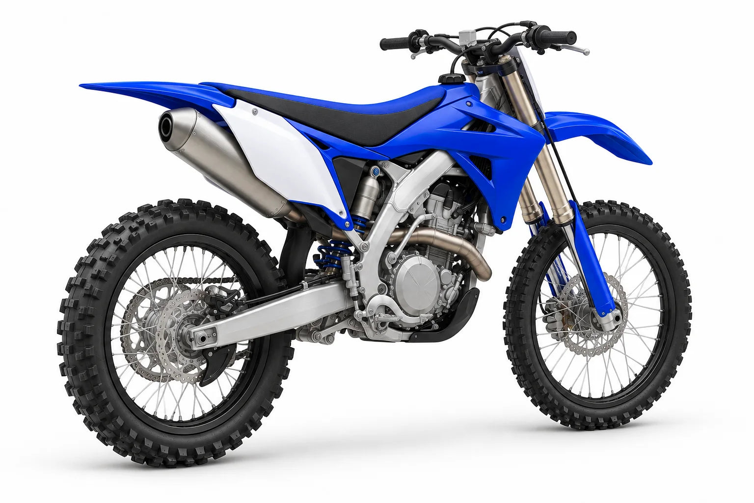 Original blue dirt bike artwork. Illustrative bike; not exact model.