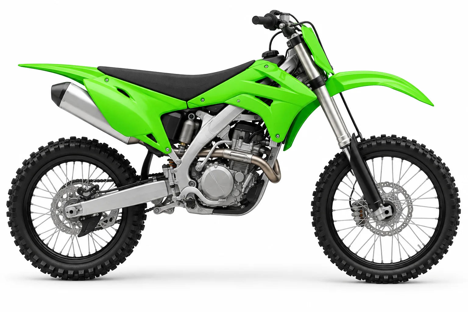 Original green dirt bike artwork. Illustrative bike; not exact model.