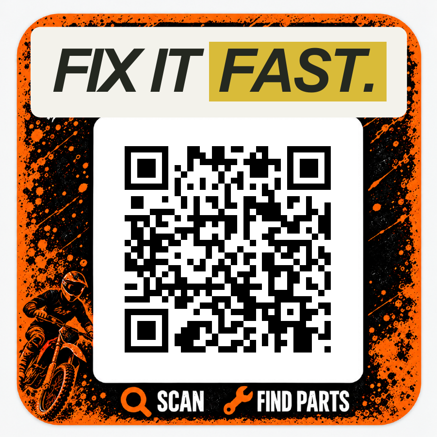 Orange and black rider sticker with the website gold Fix It Fast logo: scan to find parts