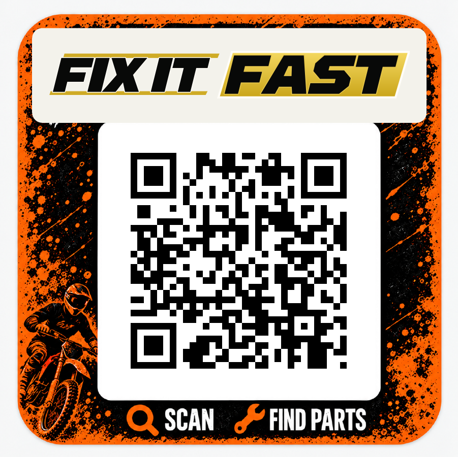 Orange and black rider sticker with the website gold Fix It Fast logo: scan to find parts